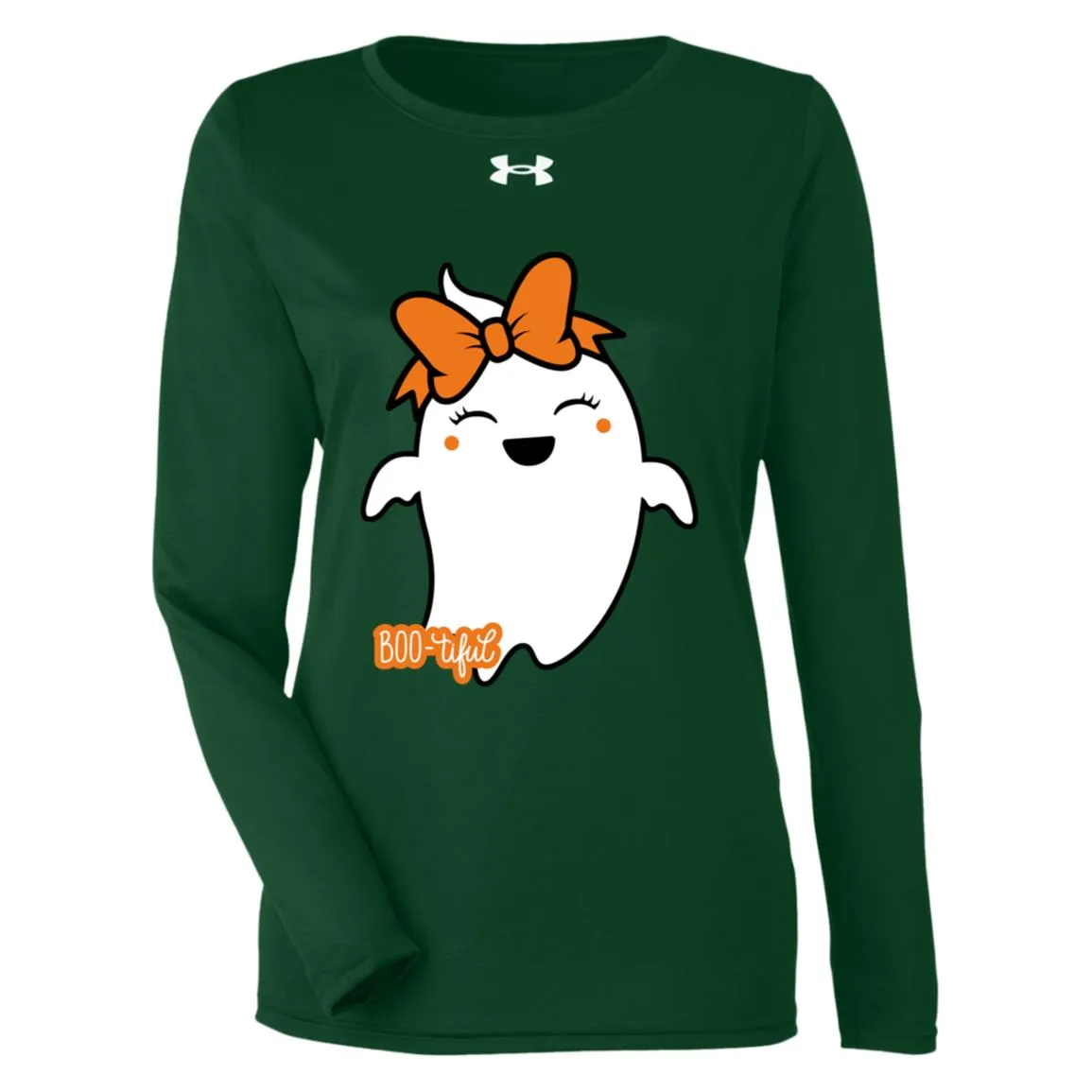 Boo-tiful Ghost with Bow -- Under Armour Women's Team Tech Long Sleeve Tee