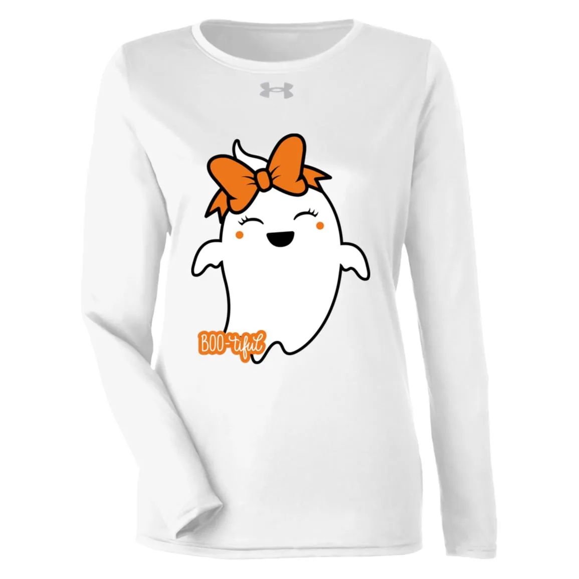 Boo-tiful Ghost with Bow -- Under Armour Women's Team Tech Long Sleeve Tee