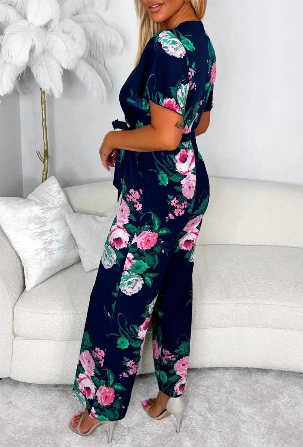 Climbing Rose Navy Tie Waist Cross Front Jumpsuit