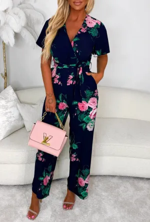 Climbing Rose Navy Tie Waist Cross Front Jumpsuit