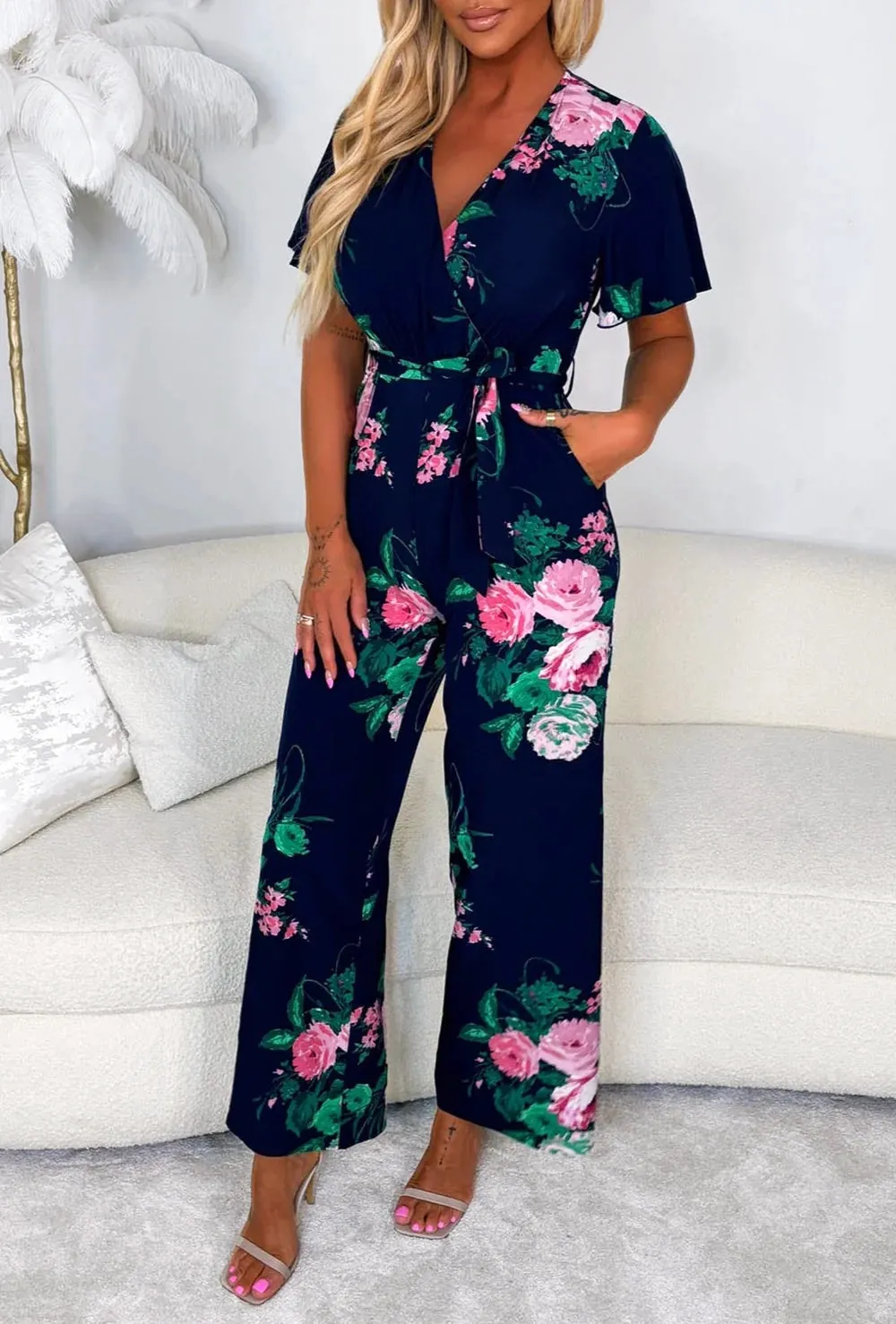 Climbing Rose Navy Tie Waist Cross Front Jumpsuit