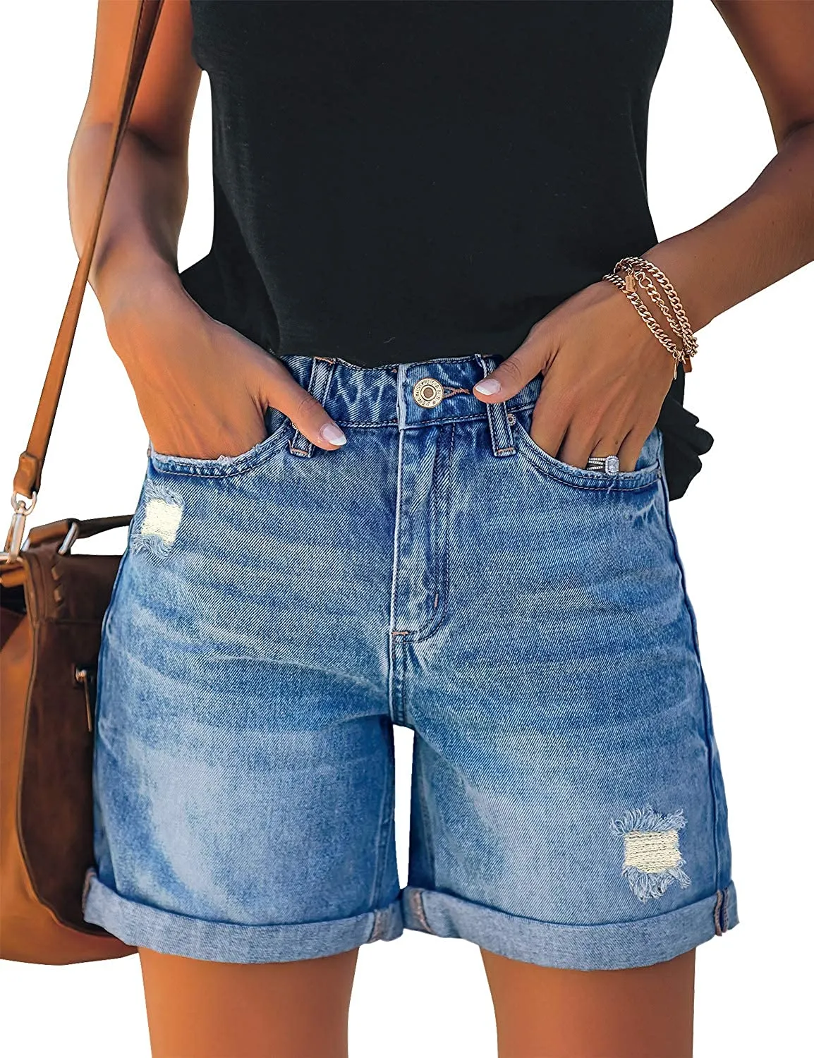 Distressed Jeans Blue High Waist Ripped Denim Shorts