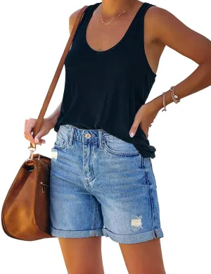 Distressed Jeans Blue High Waist Ripped Denim Shorts