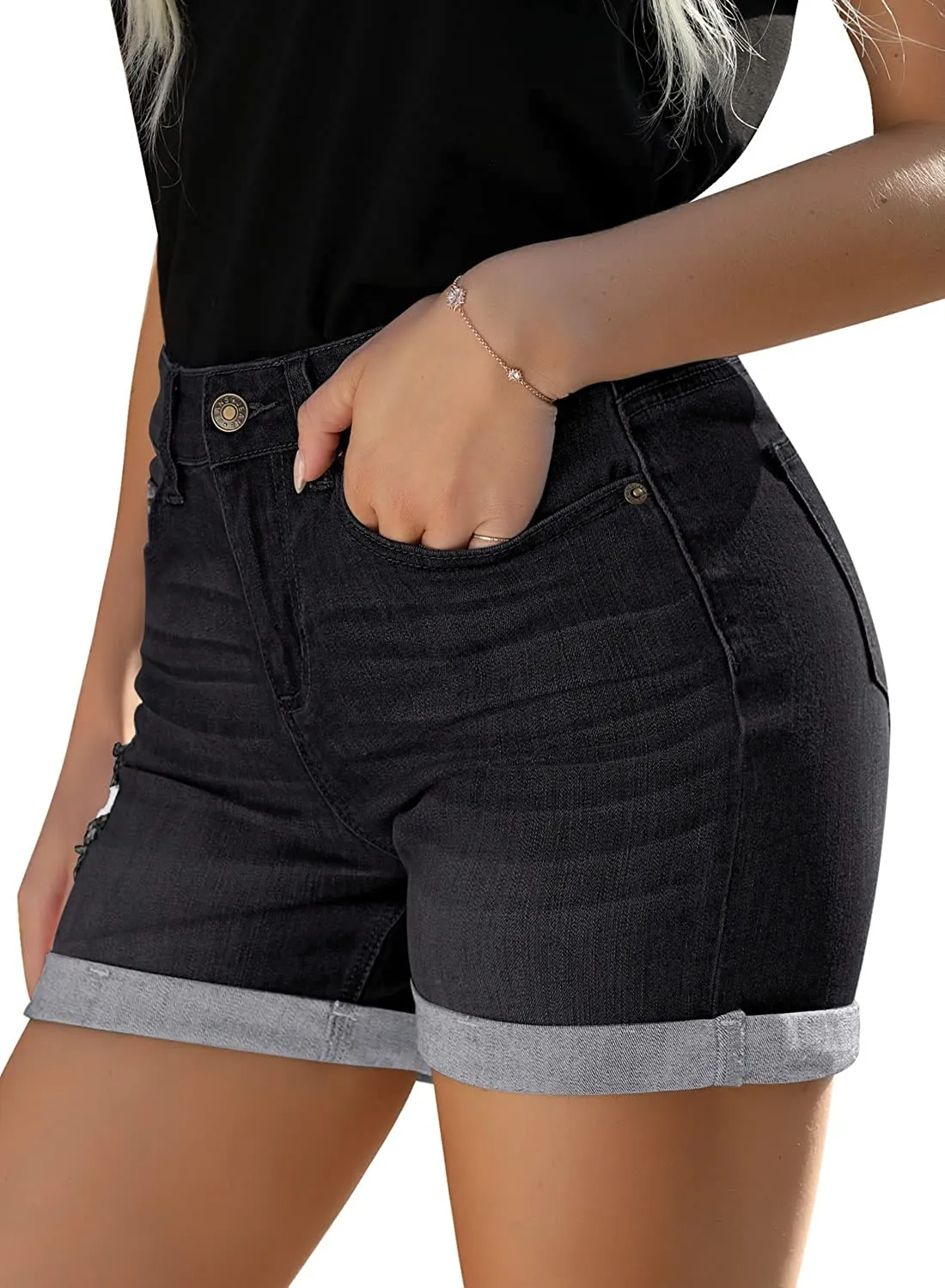 Distressed Jeans Faded Black High Waist Ripped Denim Shorts