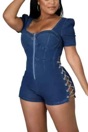 Eyelet Metal-Chain Detailed Denim Romper (S-2XL)