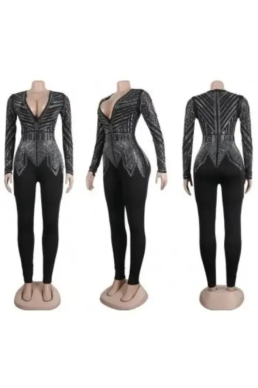 In My Groove Rhinestone Decor Deep V-Neck Zip-Up Jumpsuit (S-3XL)