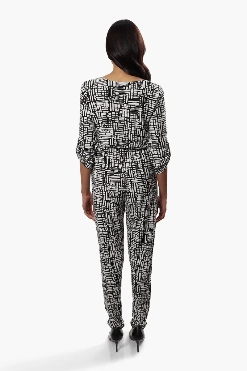 International INC Company Patterned Roll Up Sleeve Jumpsuit - Black