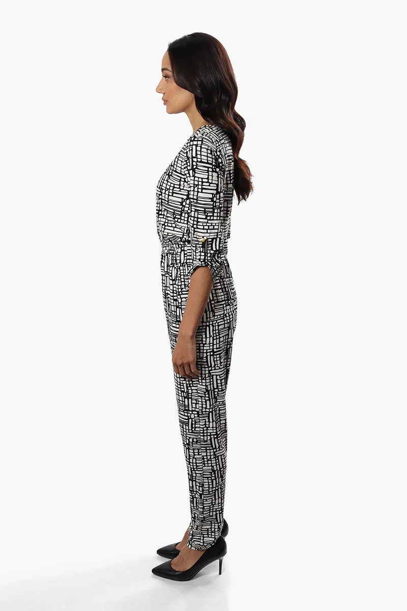 International INC Company Patterned Roll Up Sleeve Jumpsuit - Black