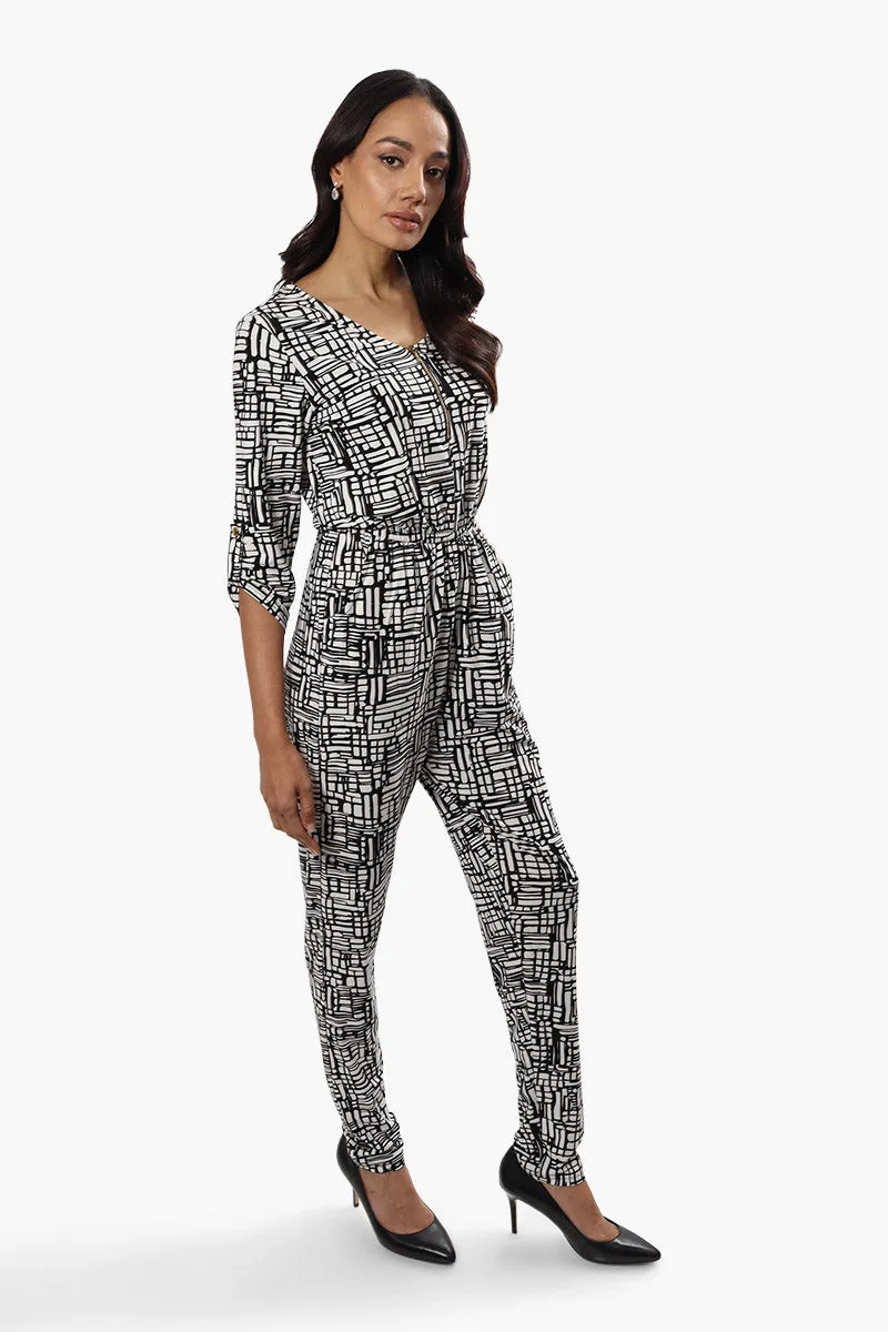 International INC Company Patterned Roll Up Sleeve Jumpsuit - Black