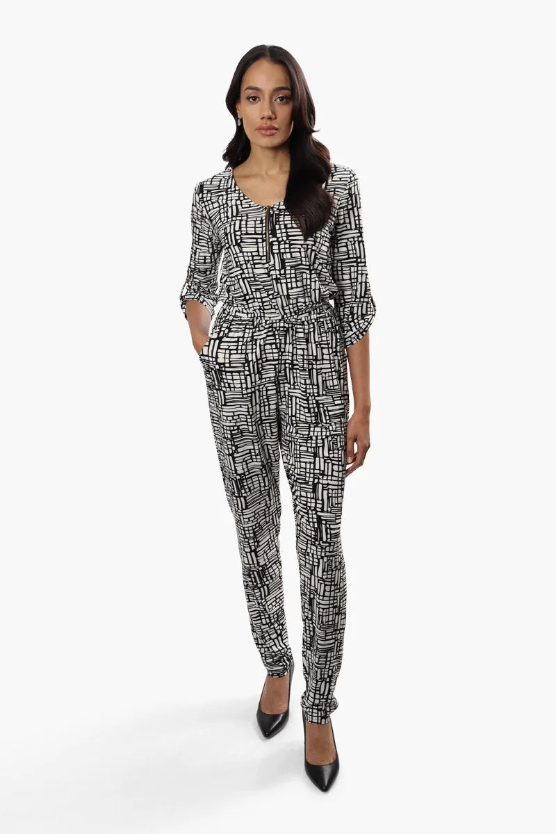 International INC Company Patterned Roll Up Sleeve Jumpsuit - Black