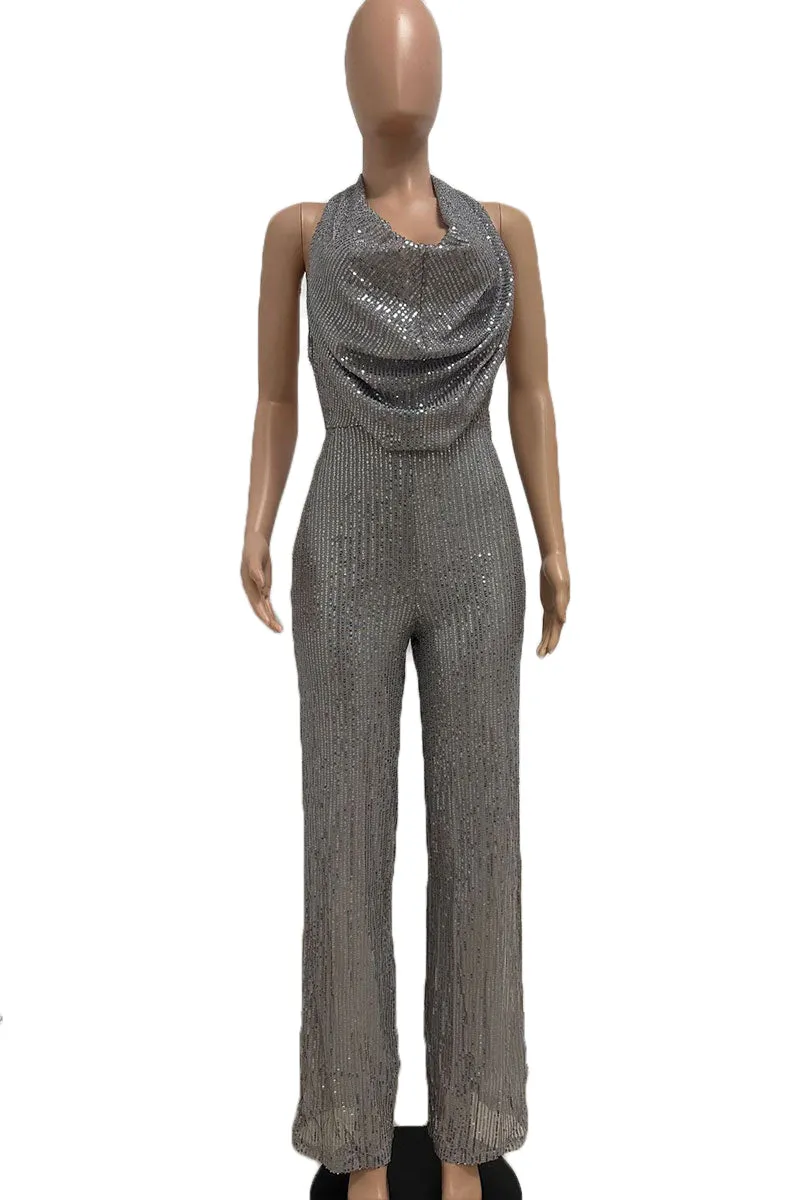 JJ0190 Halter Sequins Jumpsuits