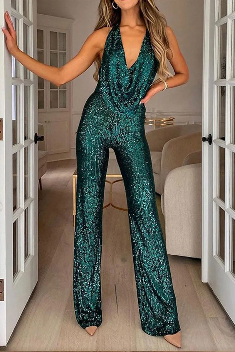 JJ0190 Halter Sequins Jumpsuits