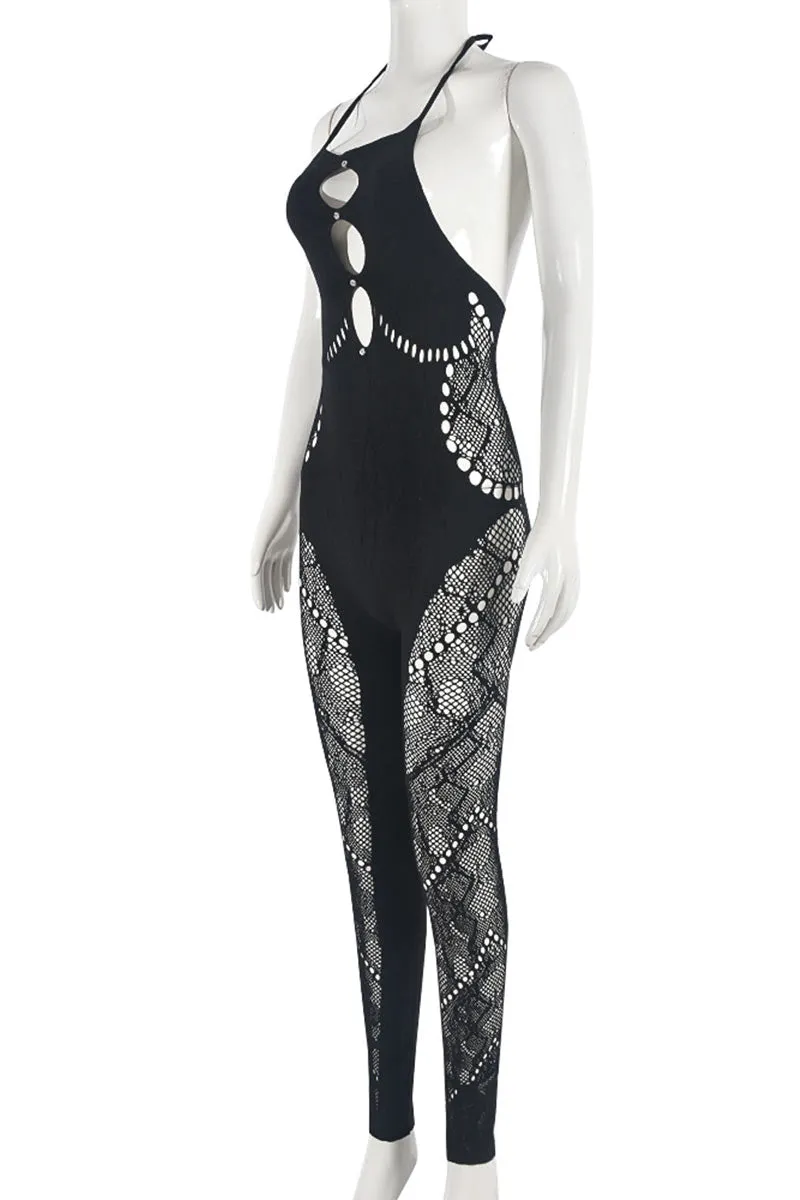 JN0196 Halter Lace Mesh Jumpsuits