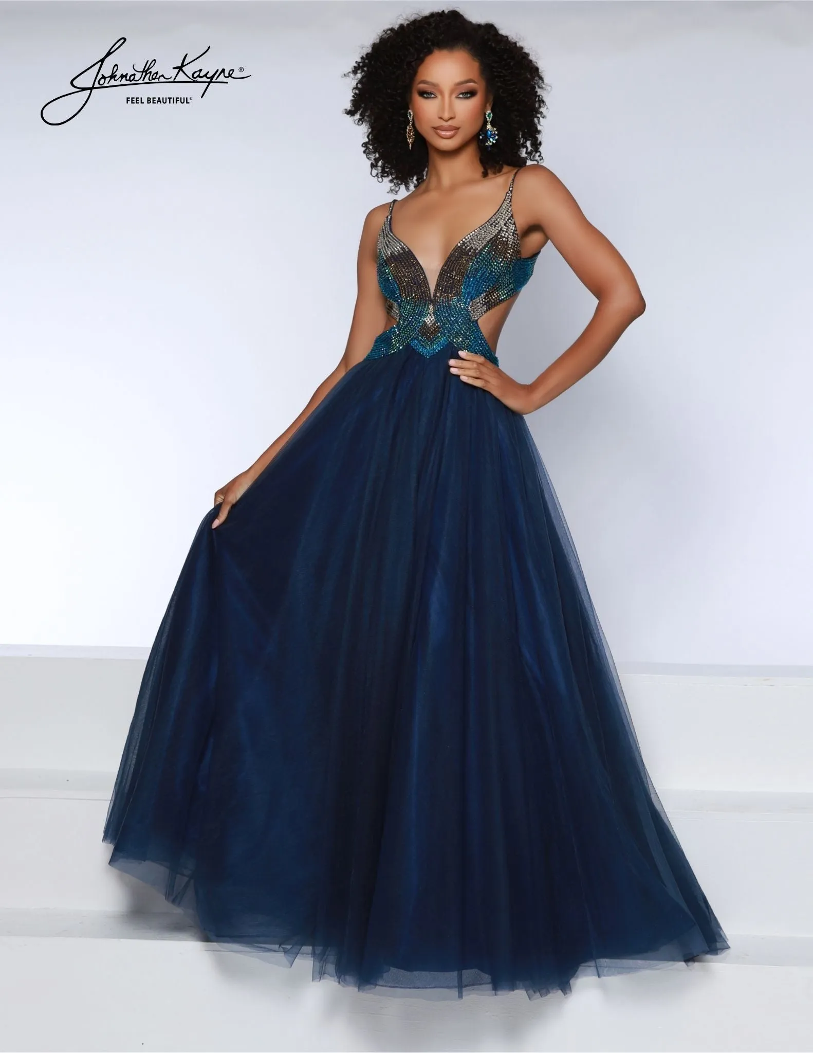 Johnathan Kayne 2870 Long Prom Dress A-Line Ballgown Cut  Out Tulle Ombre Stones  Plunging Neckline Formal Pageant Gown