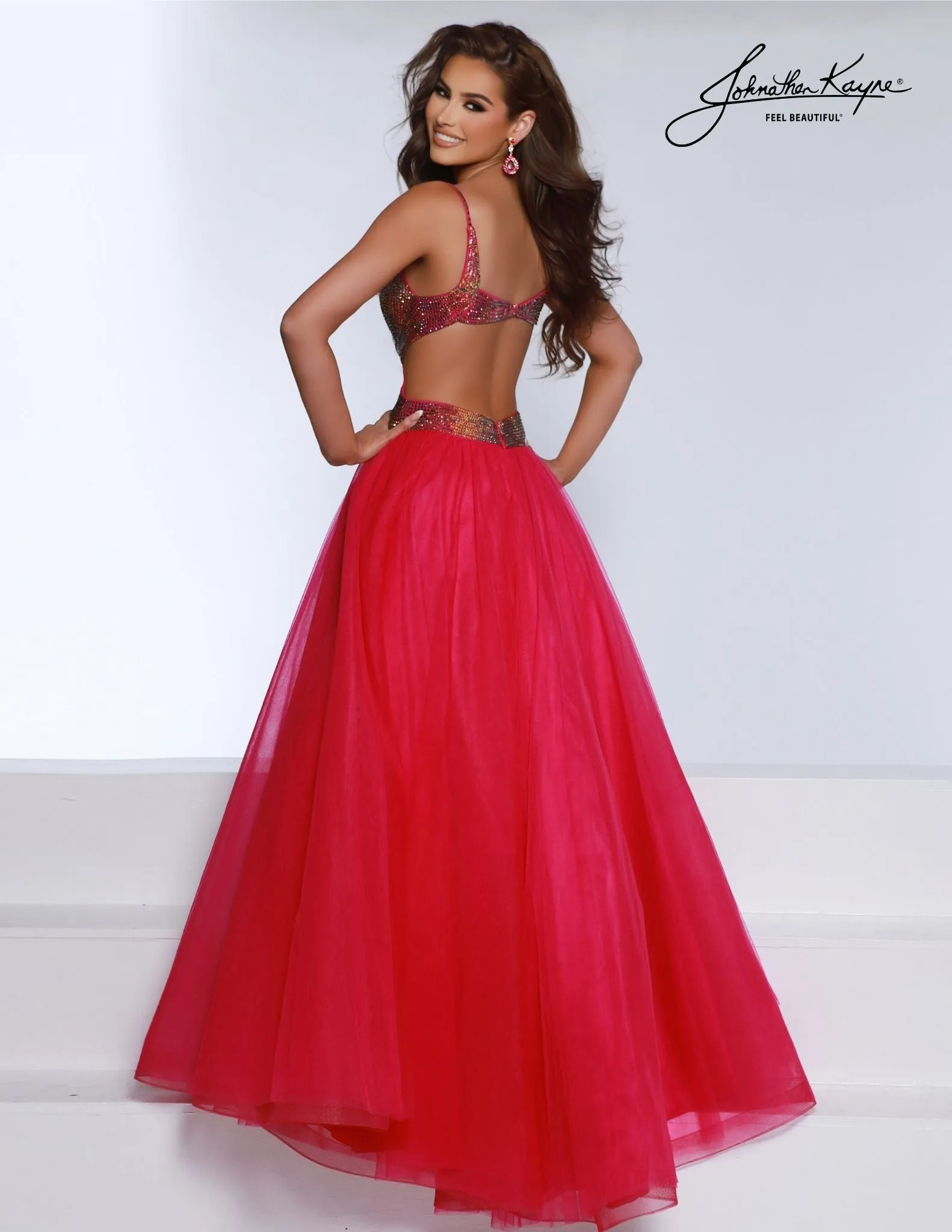 Johnathan Kayne 2870 Long Prom Dress A-Line Ballgown Cut  Out Tulle Ombre Stones  Plunging Neckline Formal Pageant Gown