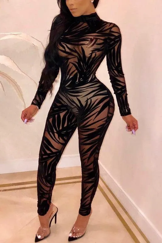 JX098 Mesh Velour Graphic Jumpsuits