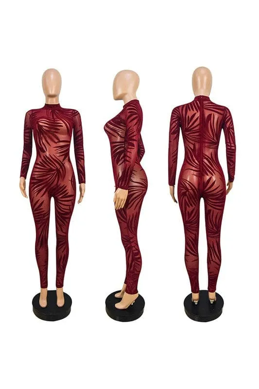 JX098 Mesh Velour Graphic Jumpsuits