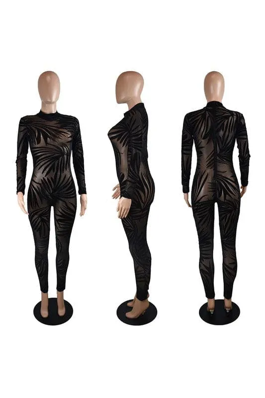 JX098 Mesh Velour Graphic Jumpsuits