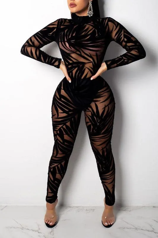 JX098 Mesh Velour Graphic Jumpsuits