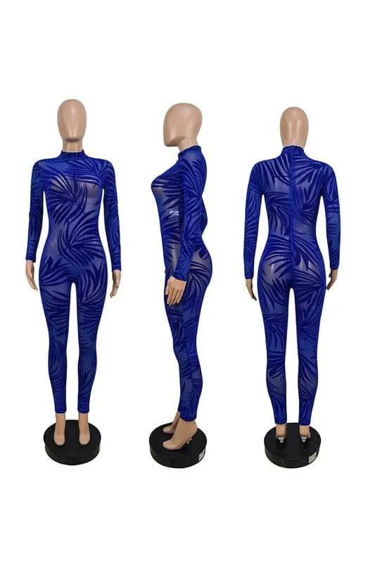 JX098 Mesh Velour Graphic Jumpsuits