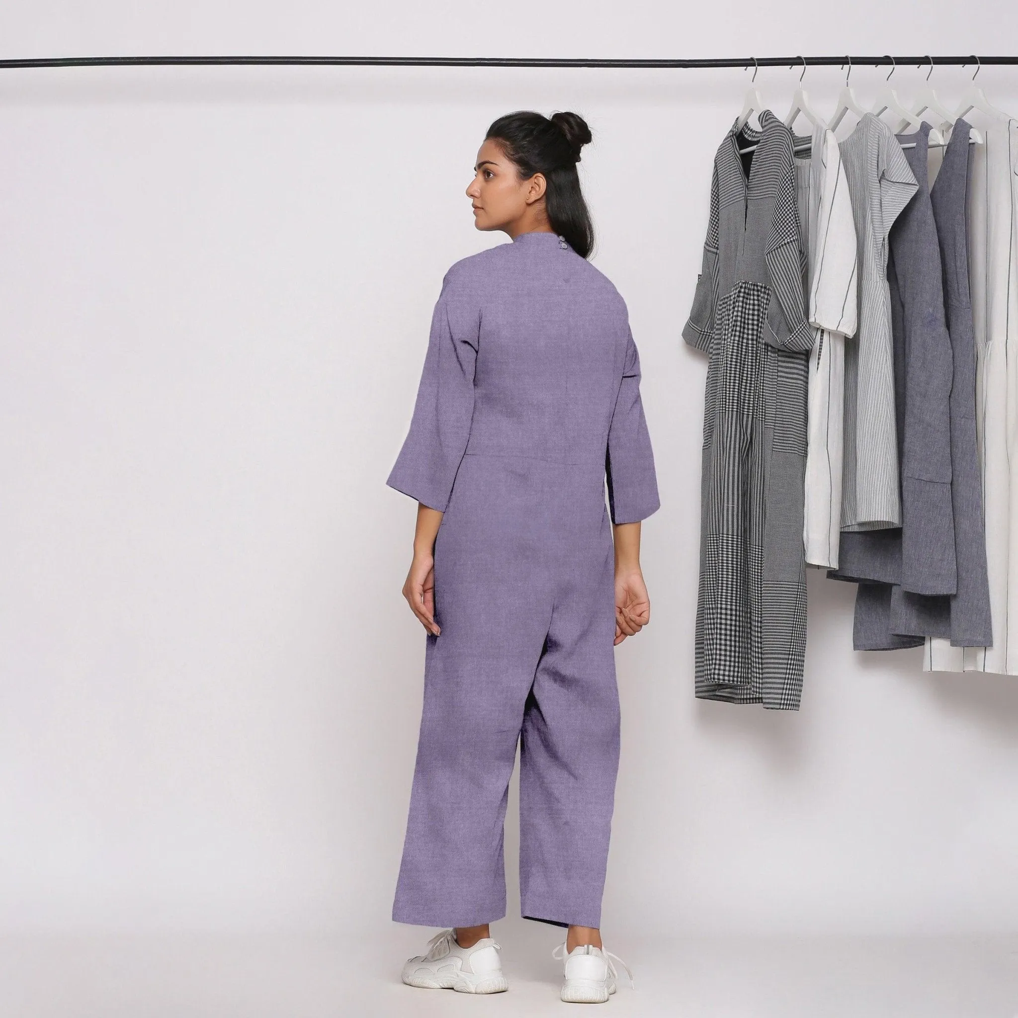 Lavender 100% Linen Comfort Fit High Neck Jumpsuit