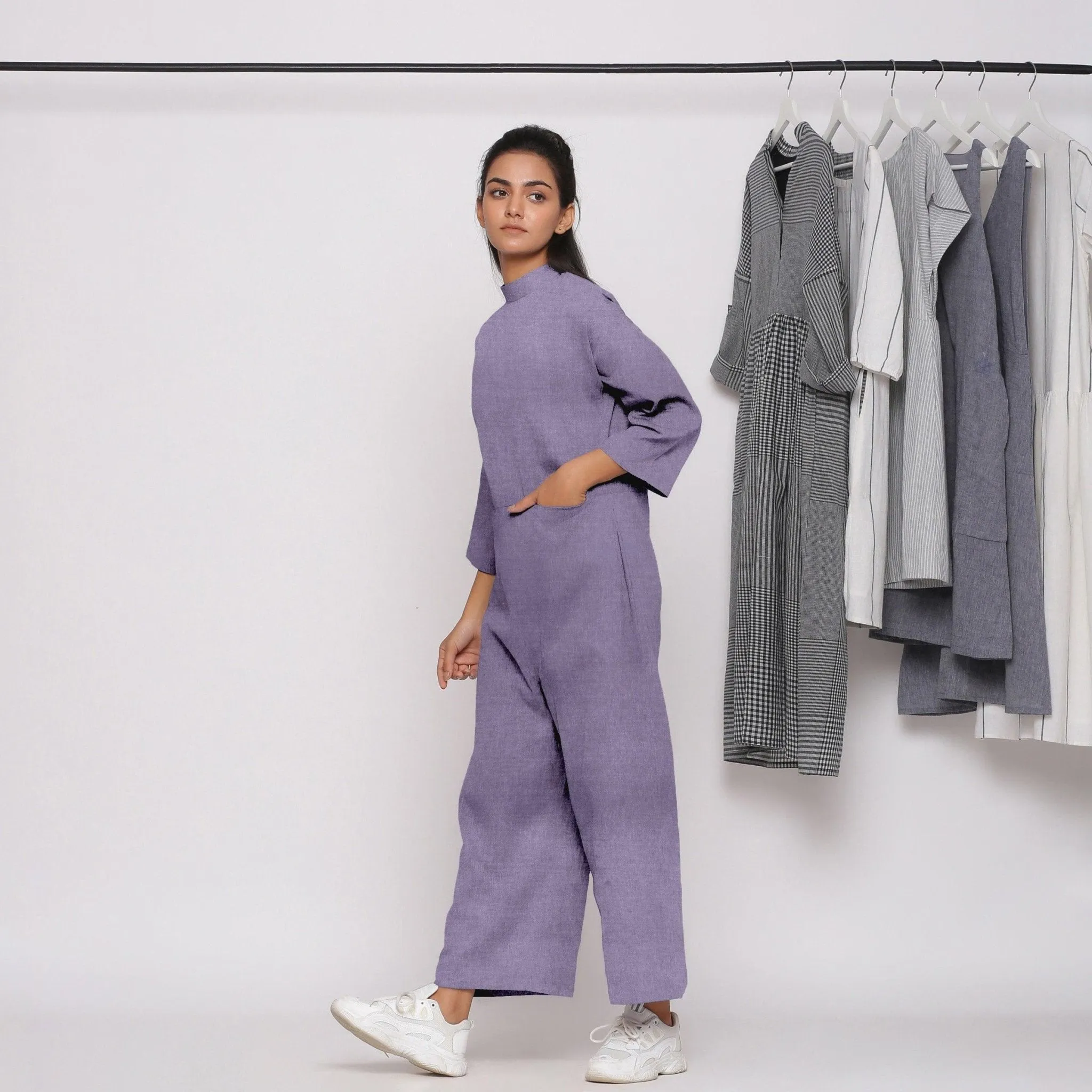 Lavender 100% Linen Comfort Fit High Neck Jumpsuit