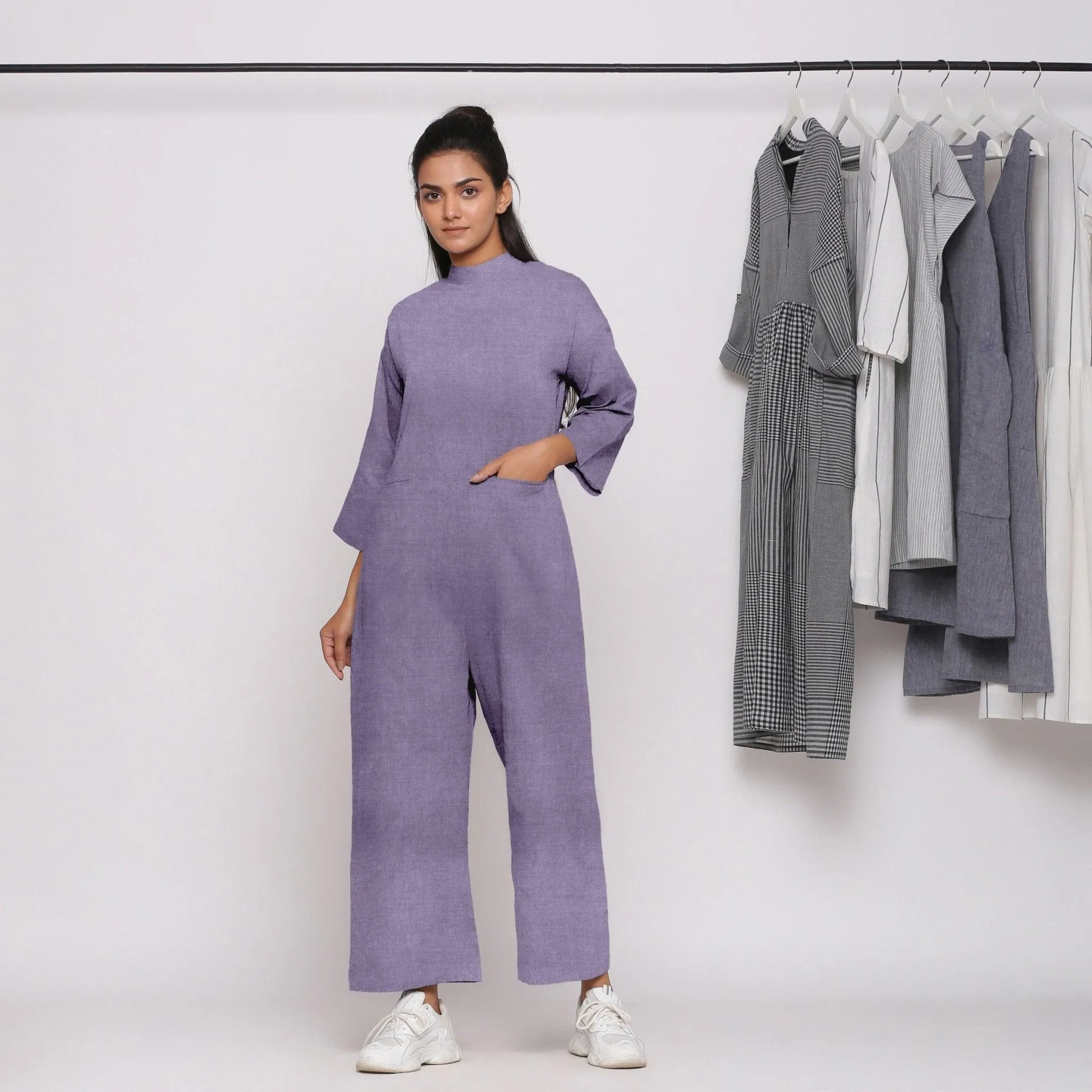 Lavender 100% Linen Comfort Fit High Neck Jumpsuit