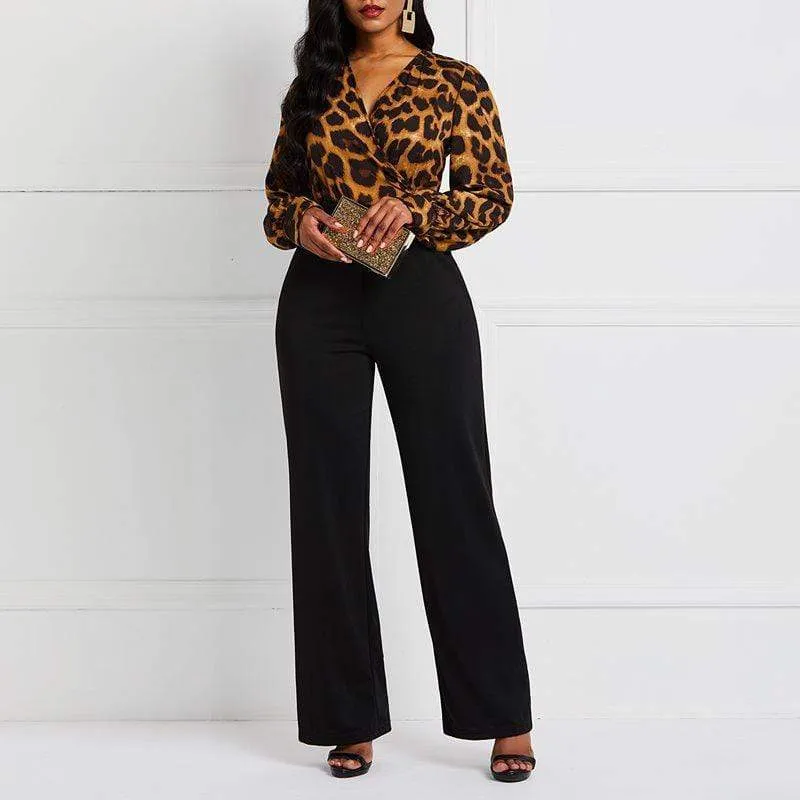 Leopard Sexy Jumpsuit Romper Women Long Sleeve Office Vintage Fashion African Ladies Party Casual Jumpsuits Long High Waist Punk