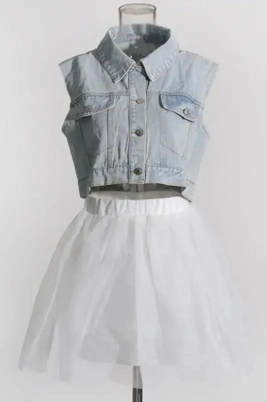 Living Big Dreams Denim Vest With Mesh Lined Mini Skirt Set