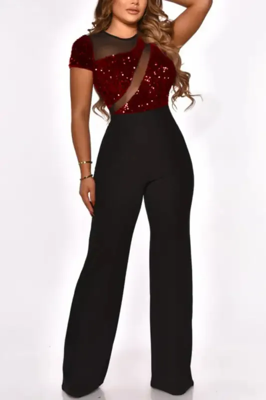 Mesh Strip Zip-Up Sequin Casual Jumpsuit