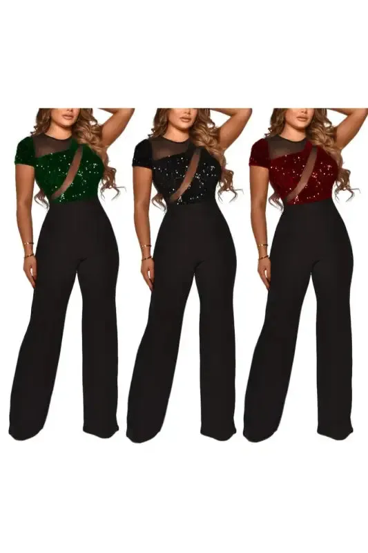 Mesh Strip Zip-Up Sequin Casual Jumpsuit