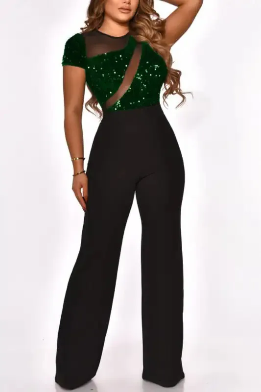 Mesh Strip Zip-Up Sequin Casual Jumpsuit