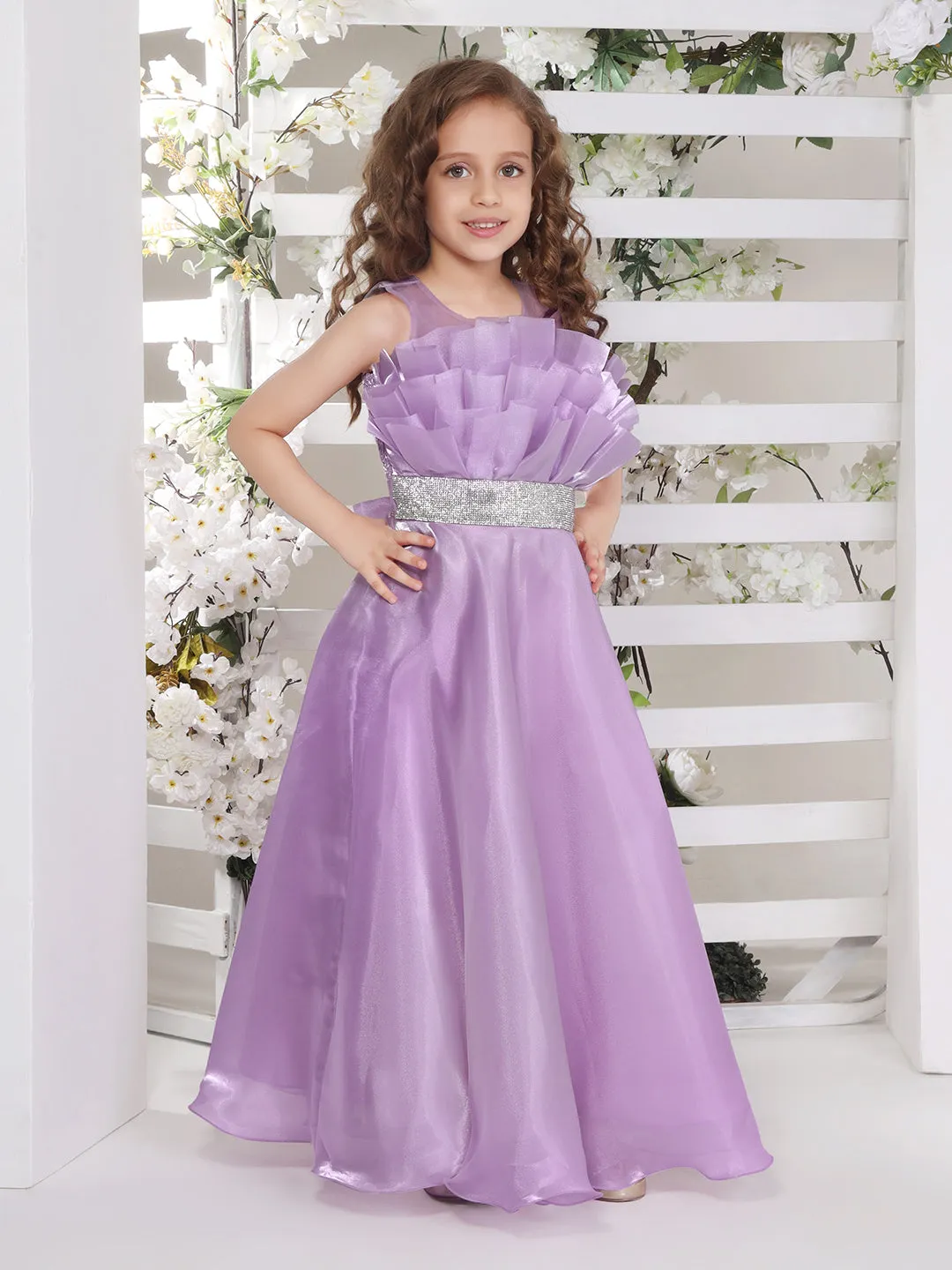 Mini Stich A-line organza party gown with silver studded belt - Lilac