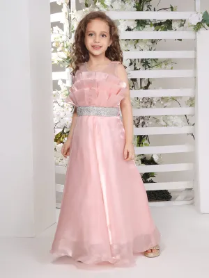 Mini Stich A-line organza party gown with silver studded belt - Peach