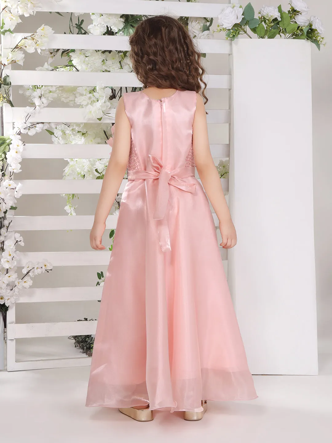 Mini Stich A-line organza party gown with silver studded belt - Peach