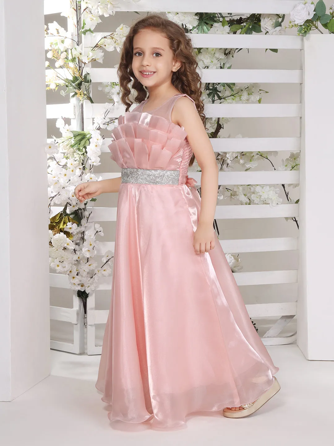 Mini Stich A-line organza party gown with silver studded belt - Peach