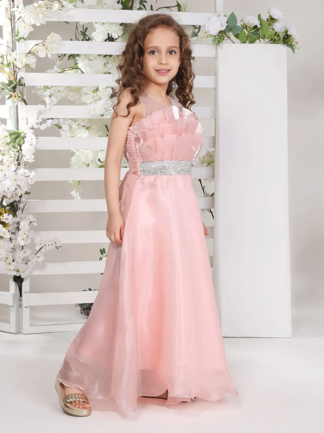 Mini Stich A-line organza party gown with silver studded belt - Peach