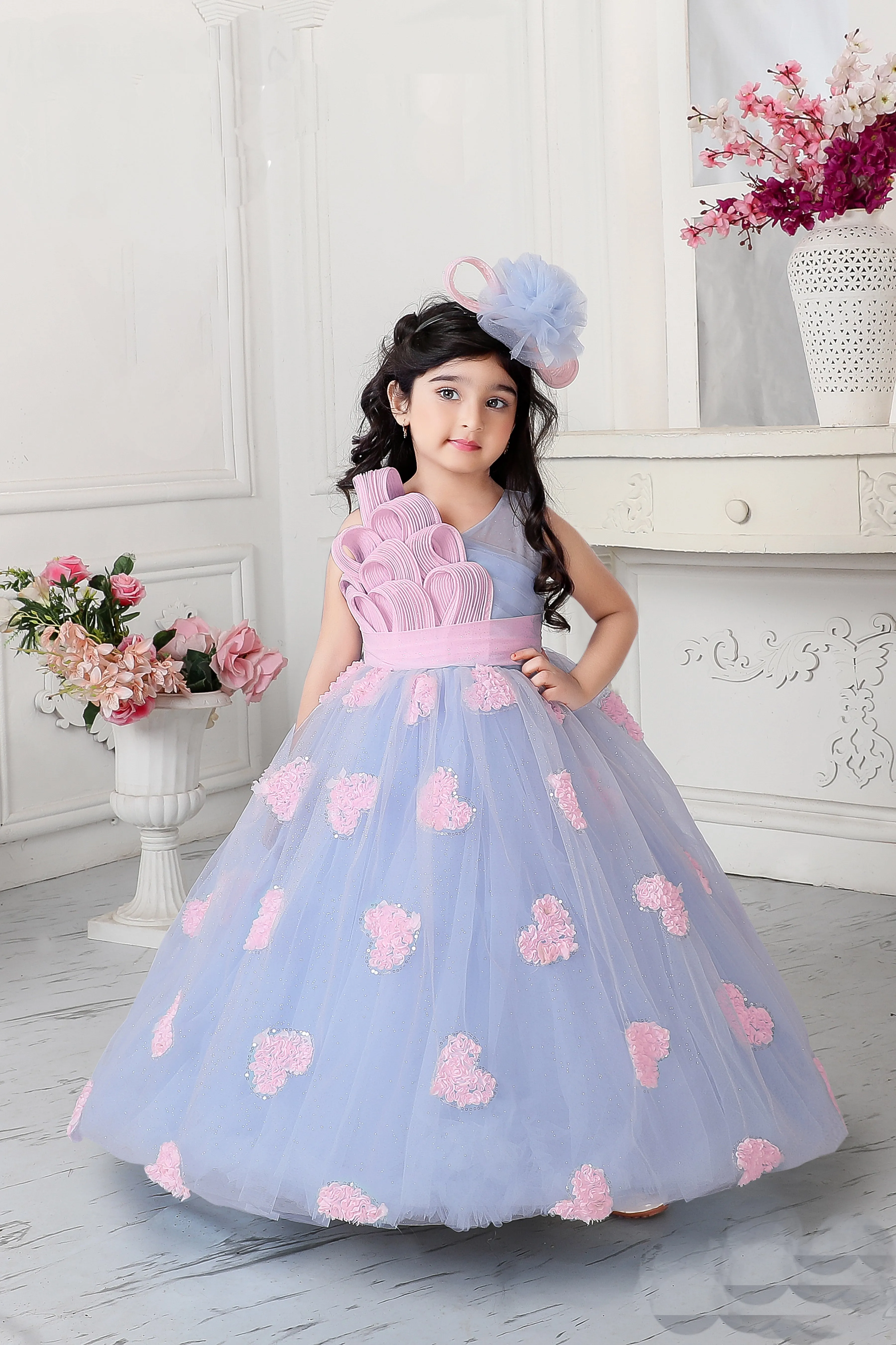 Mini Stitch all over floral applique gown for girls-Blue