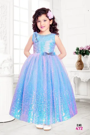 Mini Stitch Dual-Tone Blue Sleeveless Ball Gown with All-Over Sequins & Bow Applique