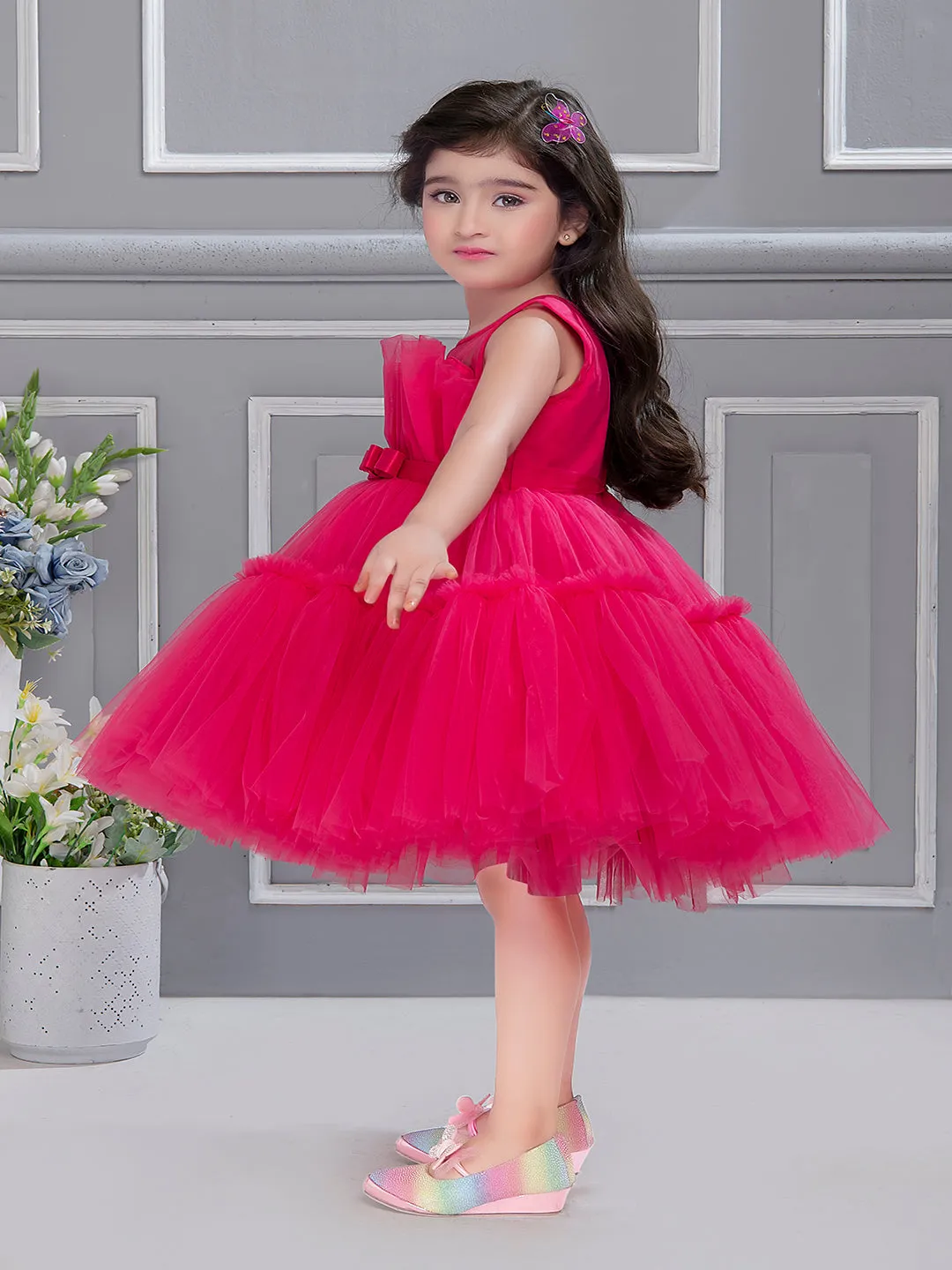 Mini Stitch Fan pleated yoke dress with frilled pattern party frock - Fuschia Pink