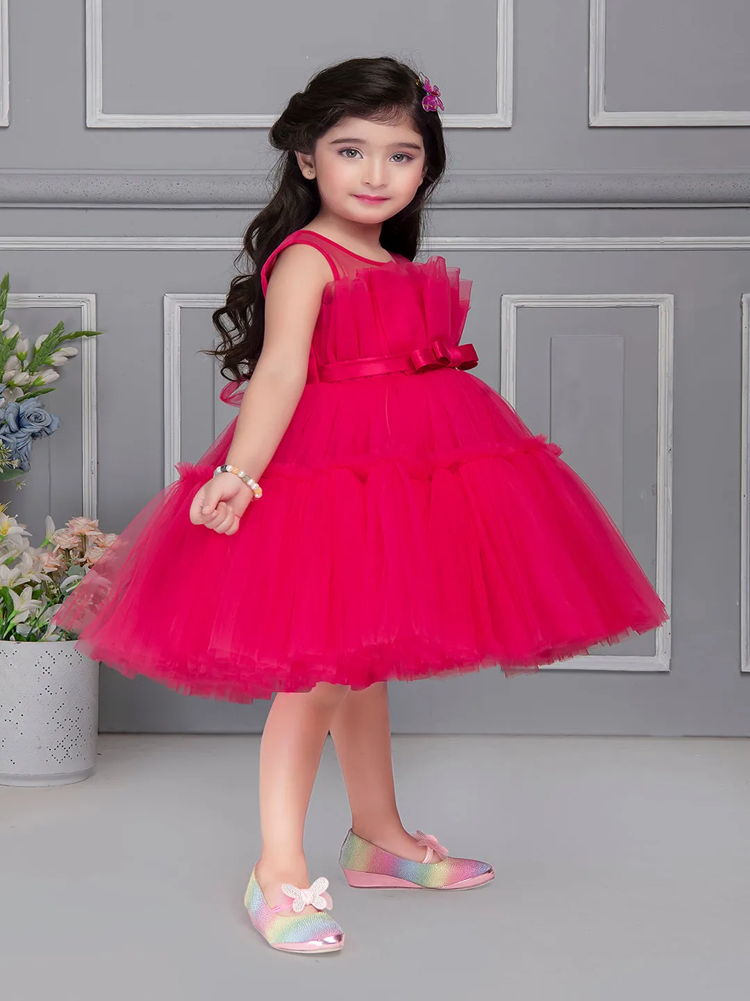 Mini Stitch Fan pleated yoke dress with frilled pattern party frock - Fuschia Pink