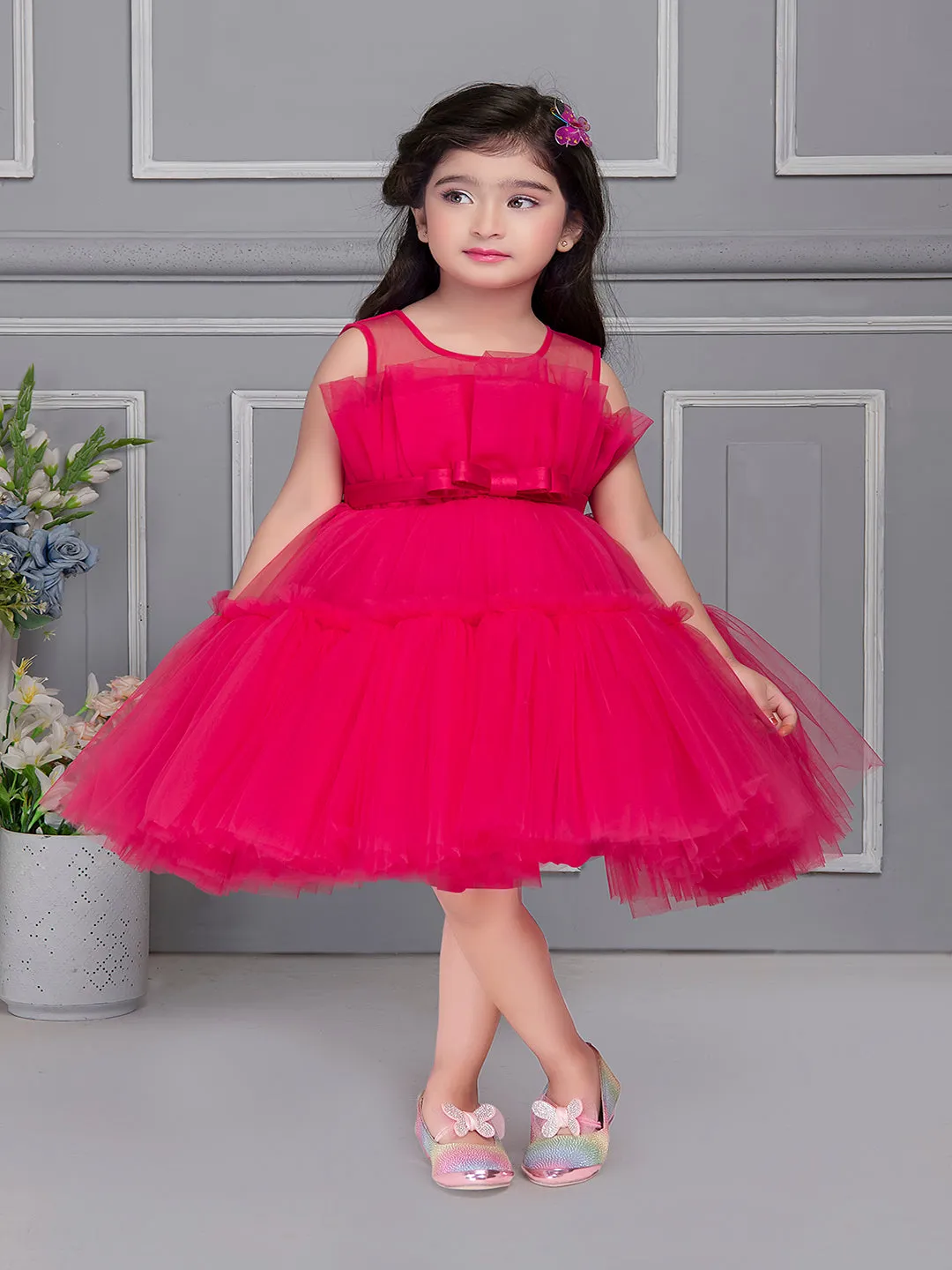 Mini Stitch Fan pleated yoke dress with frilled pattern party frock - Fuschia Pink