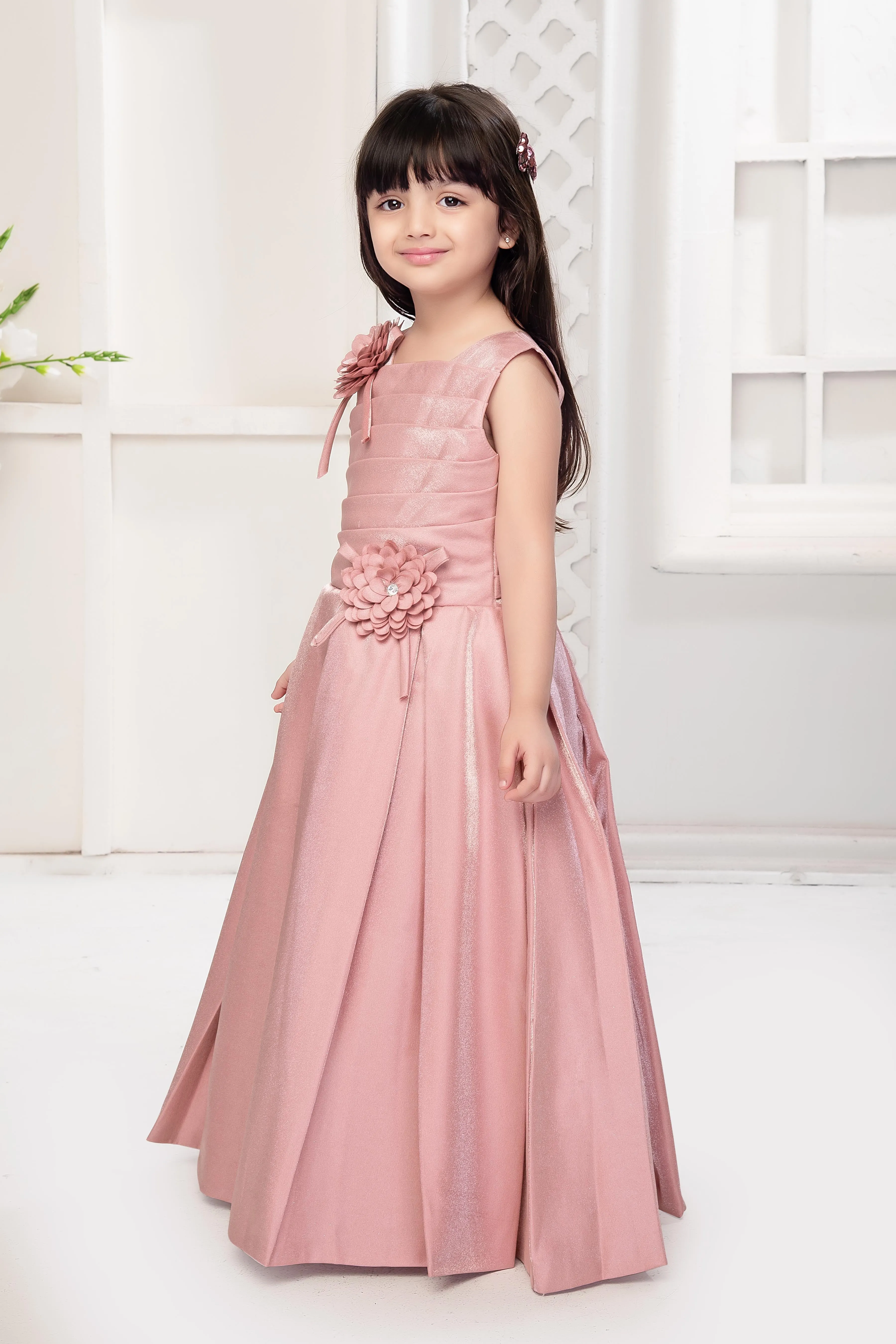 Mini Stitch flower applique gown for girls-Pink