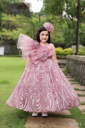 Mini Stitch One-Shoulder frilled designer Party Gown with Glitter and Bow Applique - Onion pink