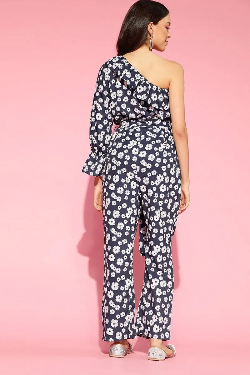 Navy Blue Polyester Floral Print One-Sleeve Jumpsuit