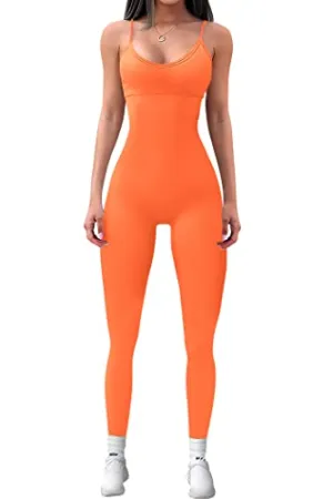 PRETTYGARDEN Women's Seamless Bodycon Jumpsuits Spaghetti Strap Yoga Workout Leggings Rompers (Orange,XX-Large)