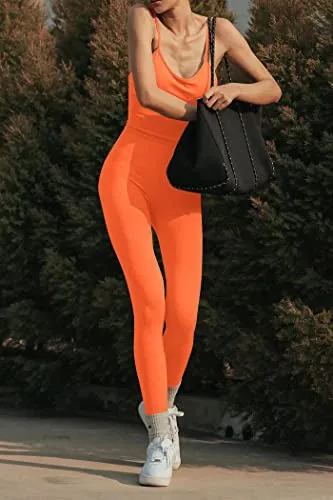 PRETTYGARDEN Women's Seamless Bodycon Jumpsuits Spaghetti Strap Yoga Workout Leggings Rompers (Orange,XX-Large)