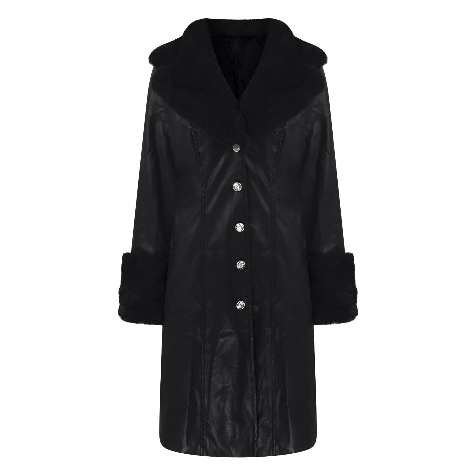 PU Leather Solid Fur Collar Loose  Trenchcoats