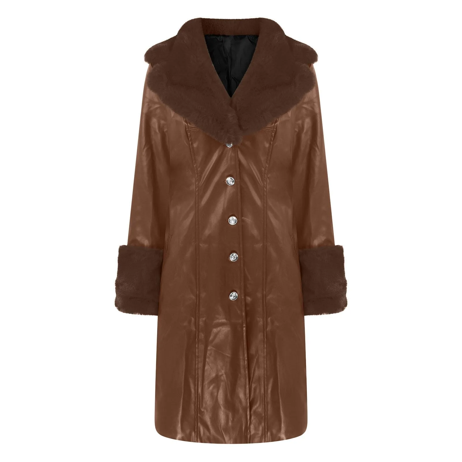 PU Leather Solid Fur Collar Loose  Trenchcoats