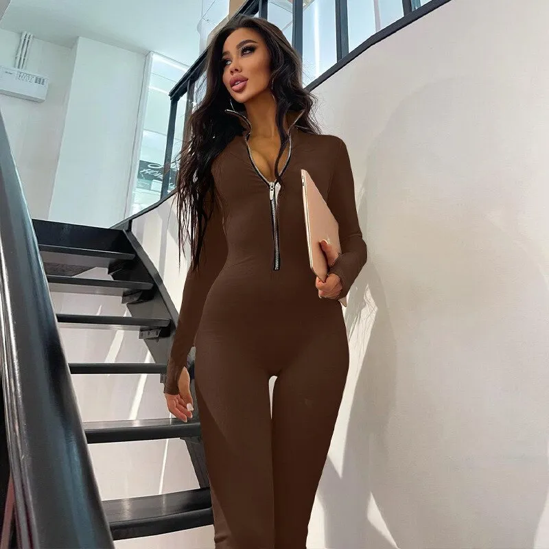 Purpdrank - Autumn Winter Female Clothing Solid Long Sleeve Zipper Jumpsuits Skinny Sexy Streetwear Rompers Fashion Women's Jumpsuit